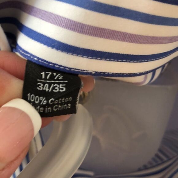 David Donahue Trim Dress shirt button down Men’s 17 34/35 White navy lavender - Picture 11 of 12